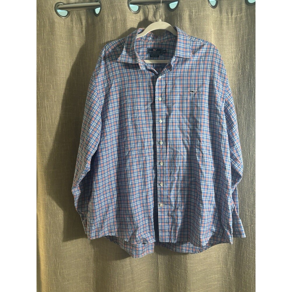 Vineyard Vines Whale Shirt Men's XL Long Sleeve Plaid Button-Up Blue/Red/White